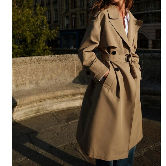Zara Jackets & Blazers - ZARA Light Camel Long Double-breasted Trench Coat With Belt